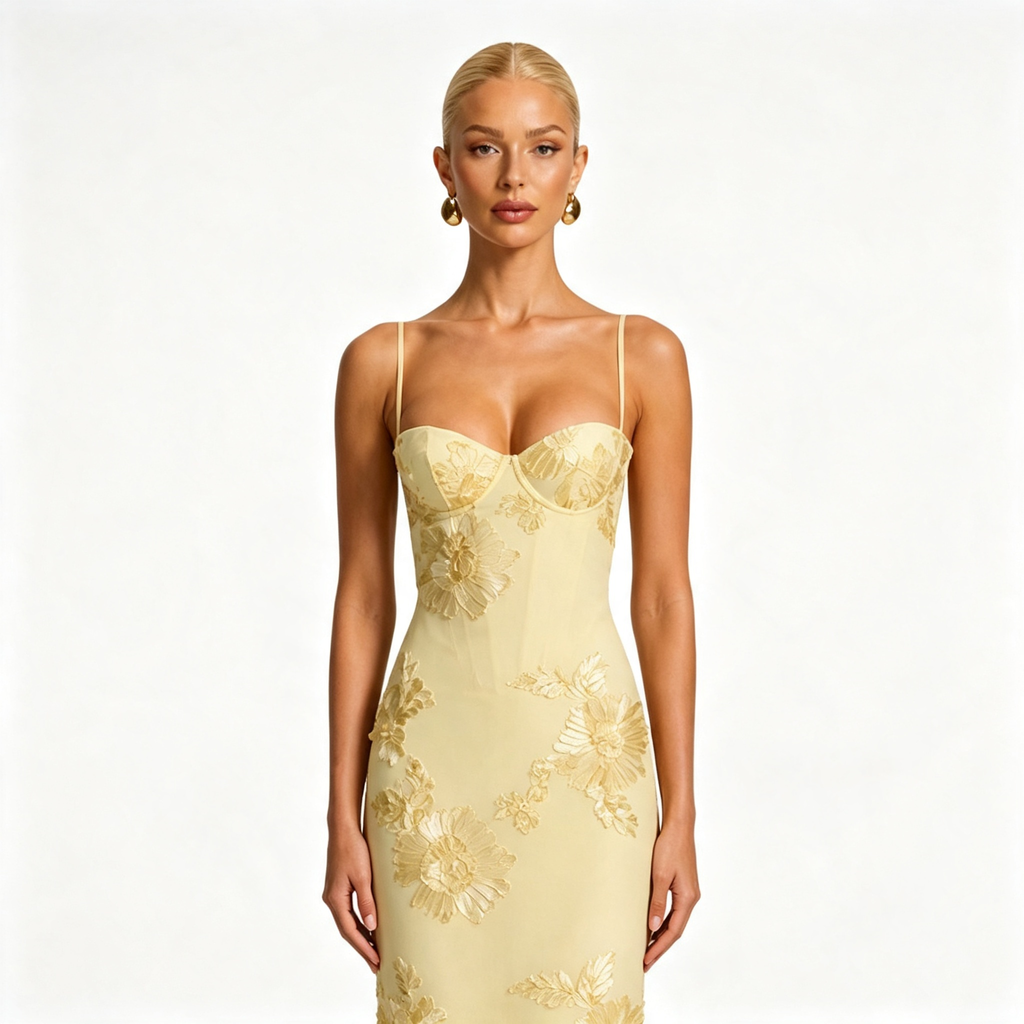 Womens Floral Embroidered Corset Cami Strap Wedding Guest Maxi Dress