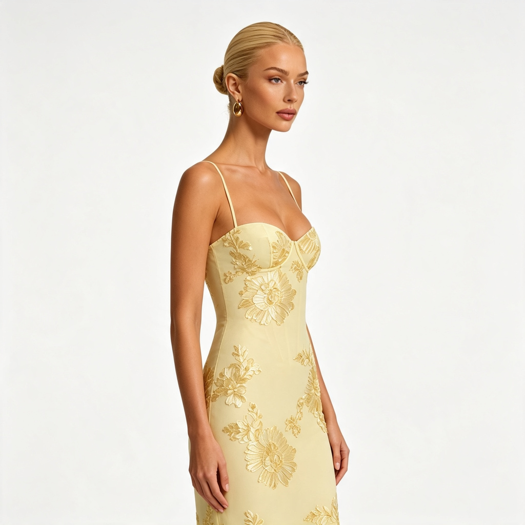 Womens Floral Embroidered Corset Cami Strap Wedding Guest Maxi Dress