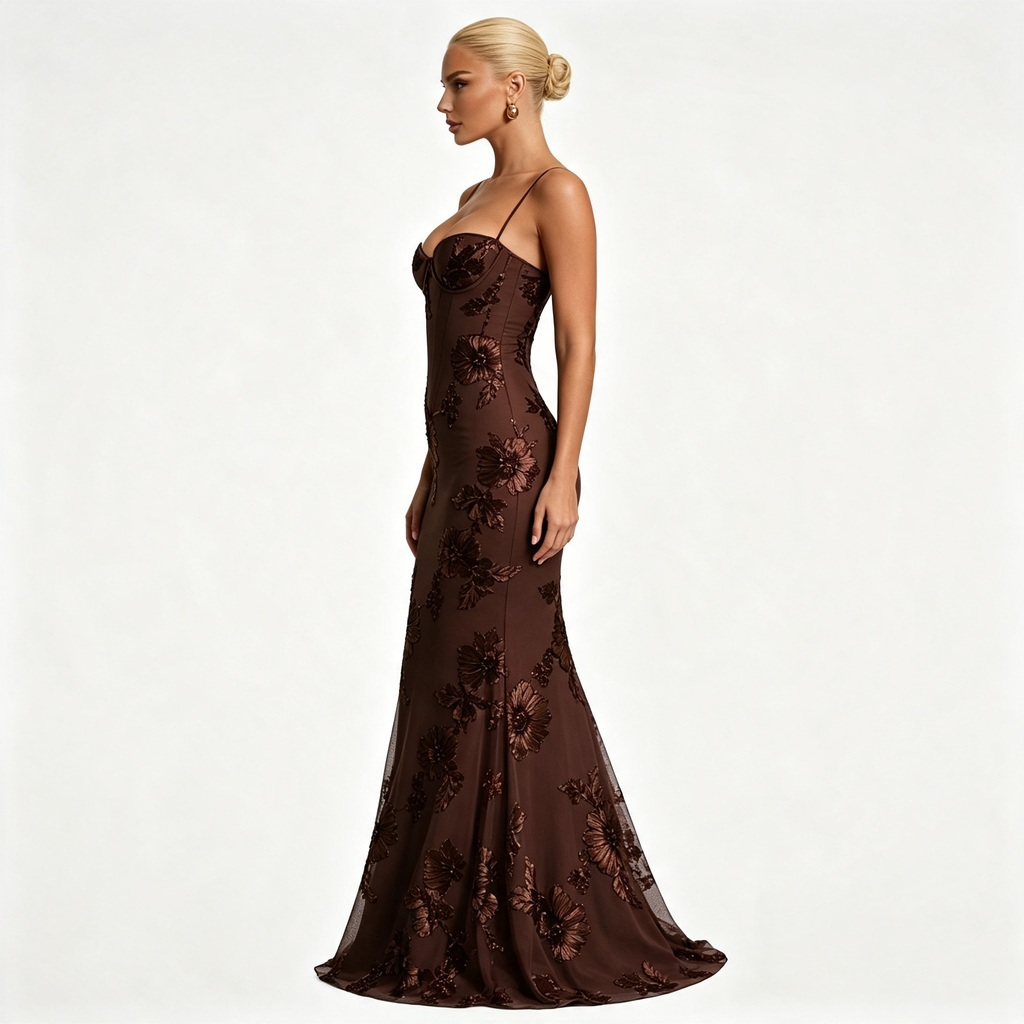 Womens Floral Embroidered Corset Cami Strap Wedding Guest Maxi Dress