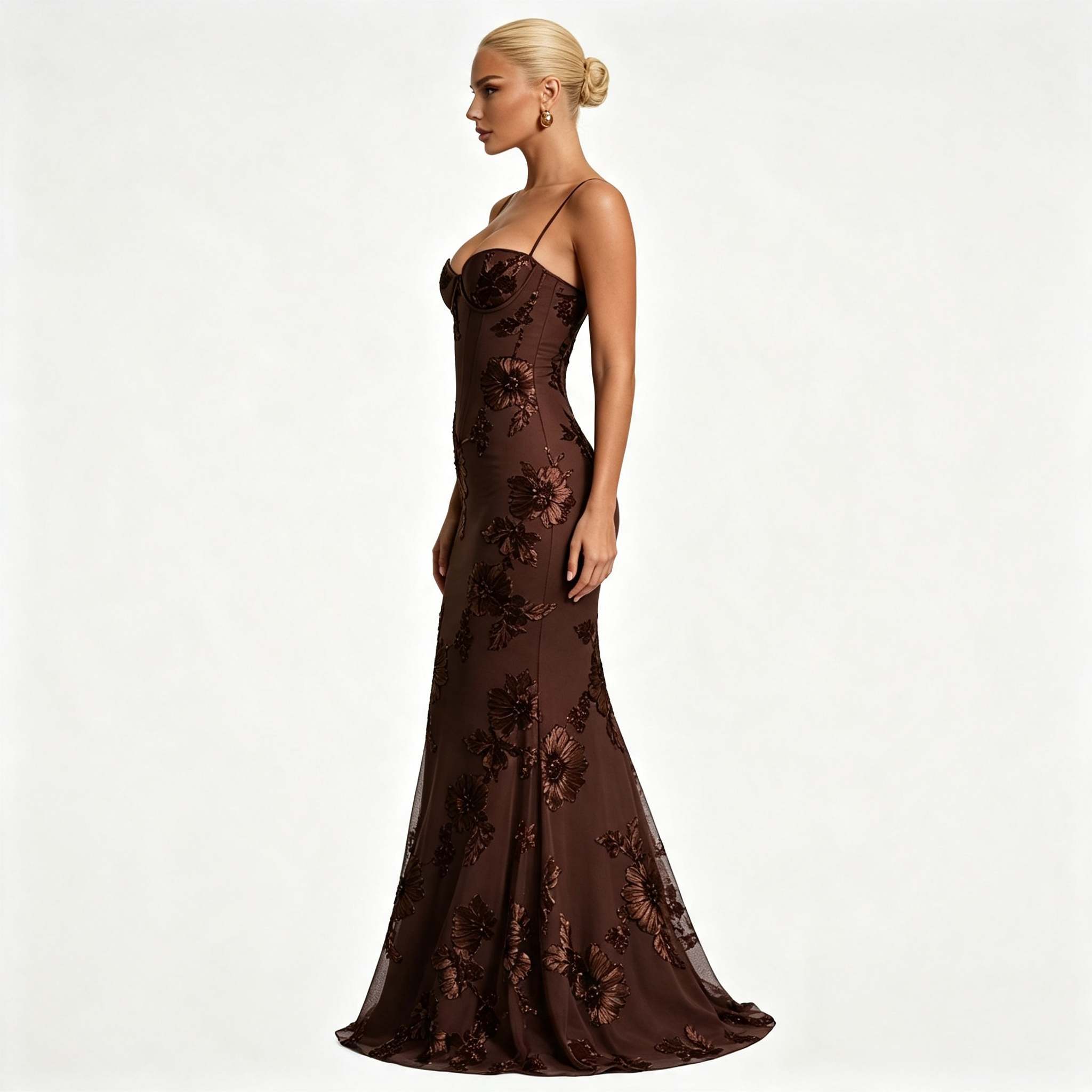 Womens Floral Embroidered Corset Cami Strap Wedding Guest Maxi Dress