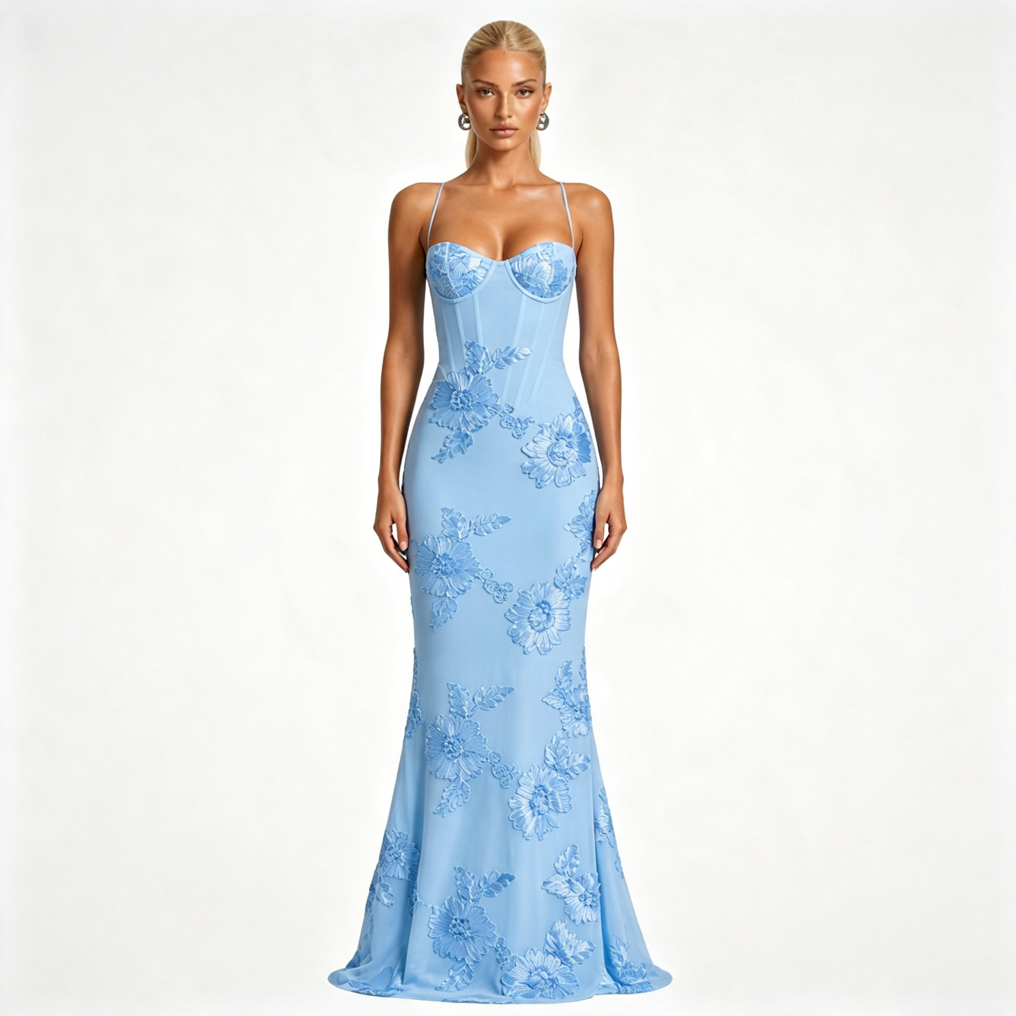 Womens Floral Embroidered Corset Cami Strap Wedding Guest Maxi Dress