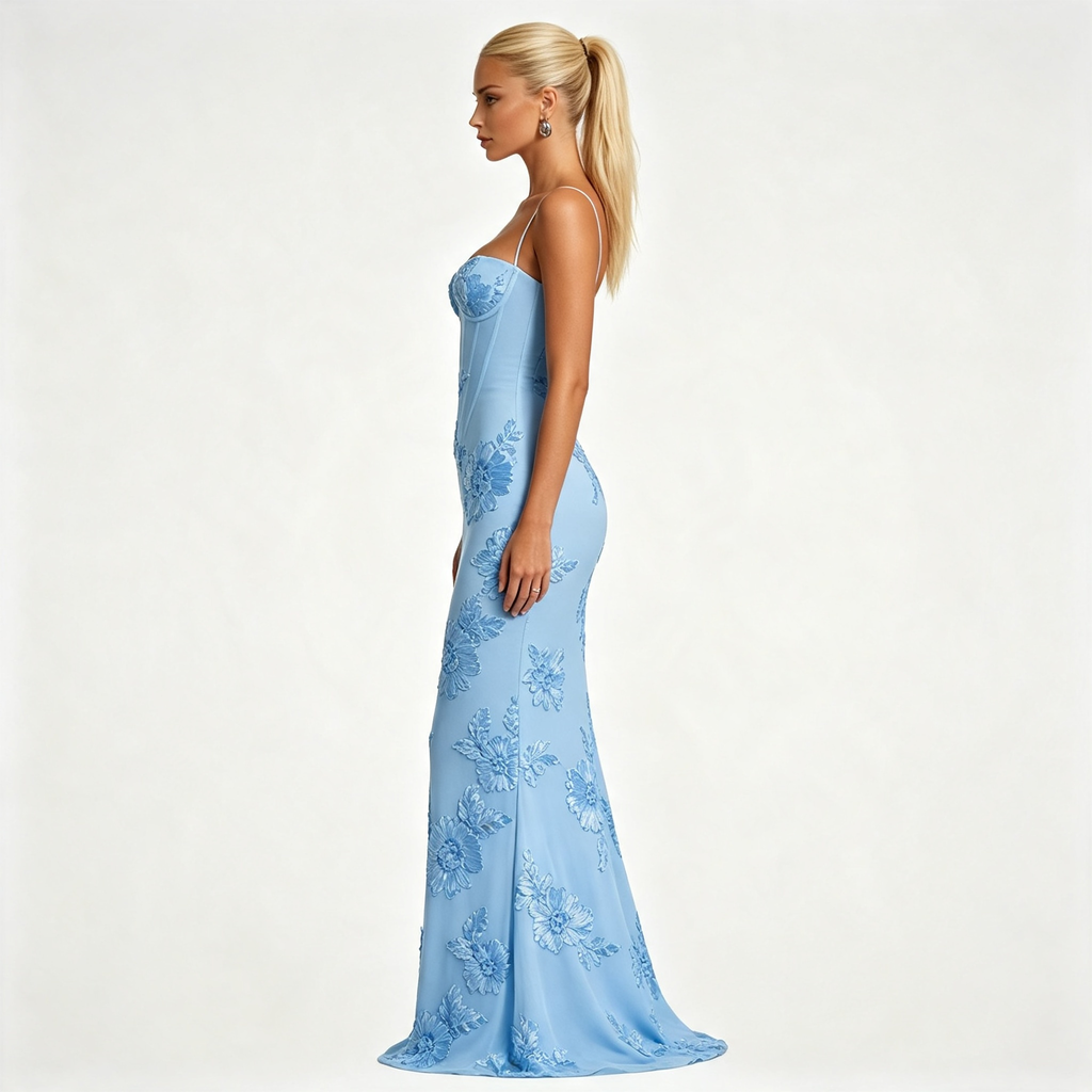 Womens Floral Embroidered Corset Cami Strap Wedding Guest Maxi Dress