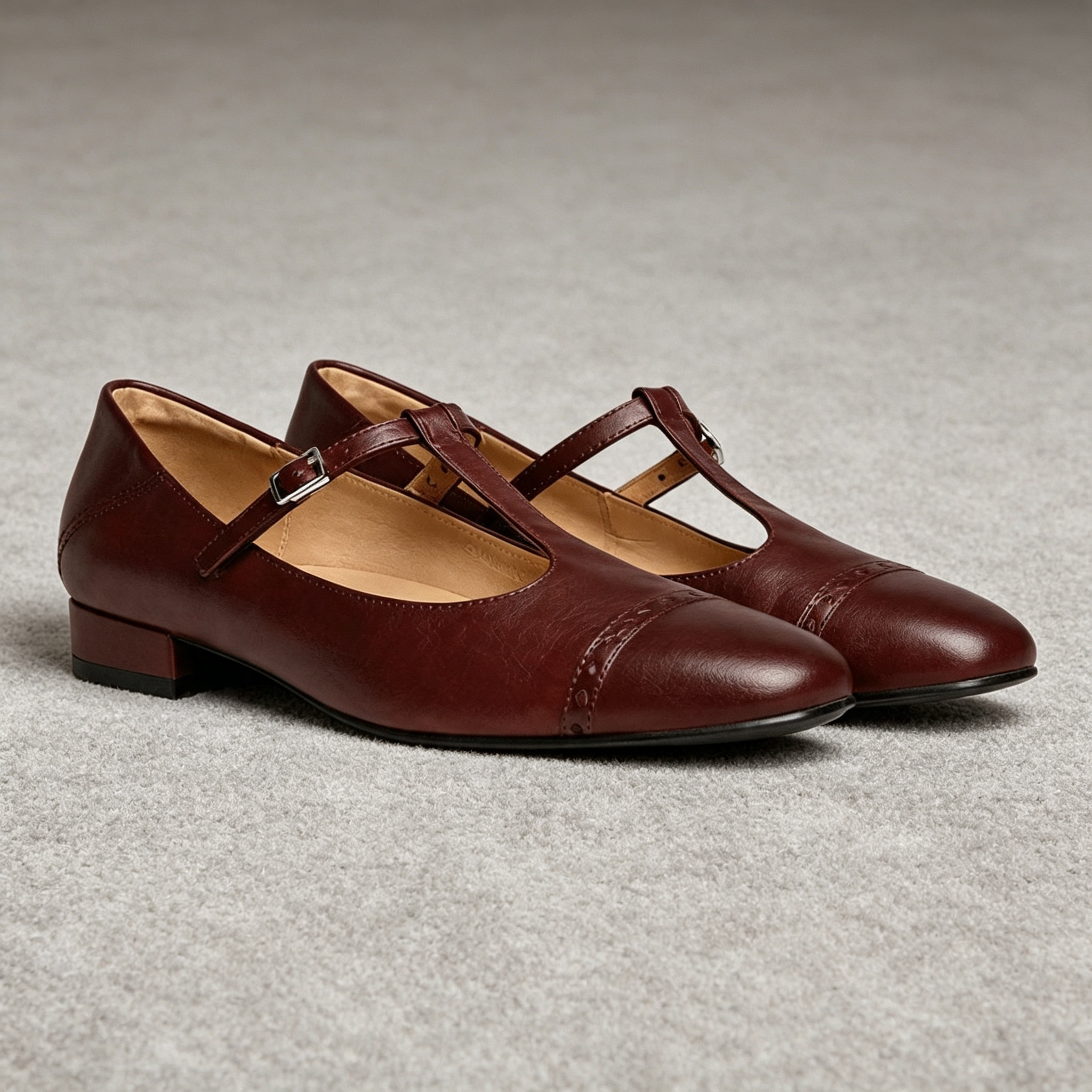 Women's Leather Mary Jane Shoes Low Block Heel Flats