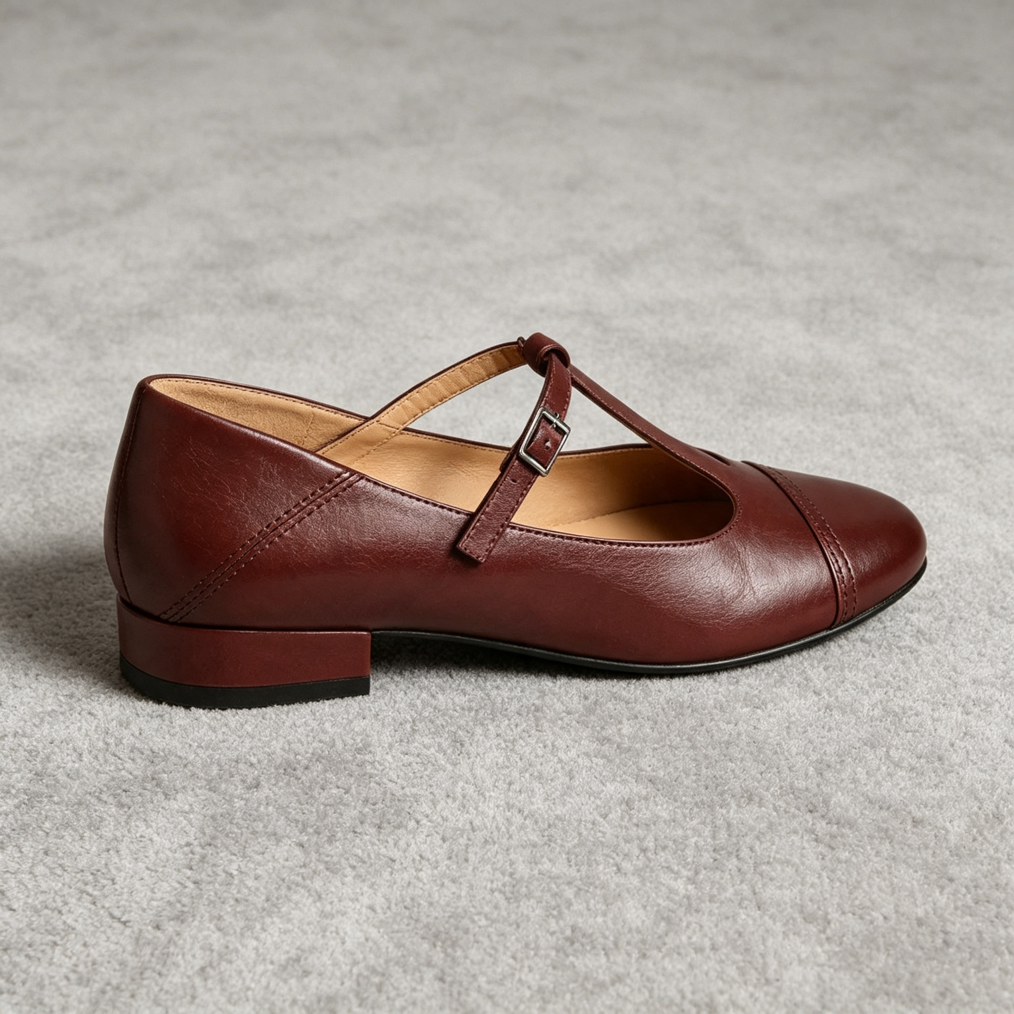 Women's Leather Mary Jane Shoes Low Block Heel Flats