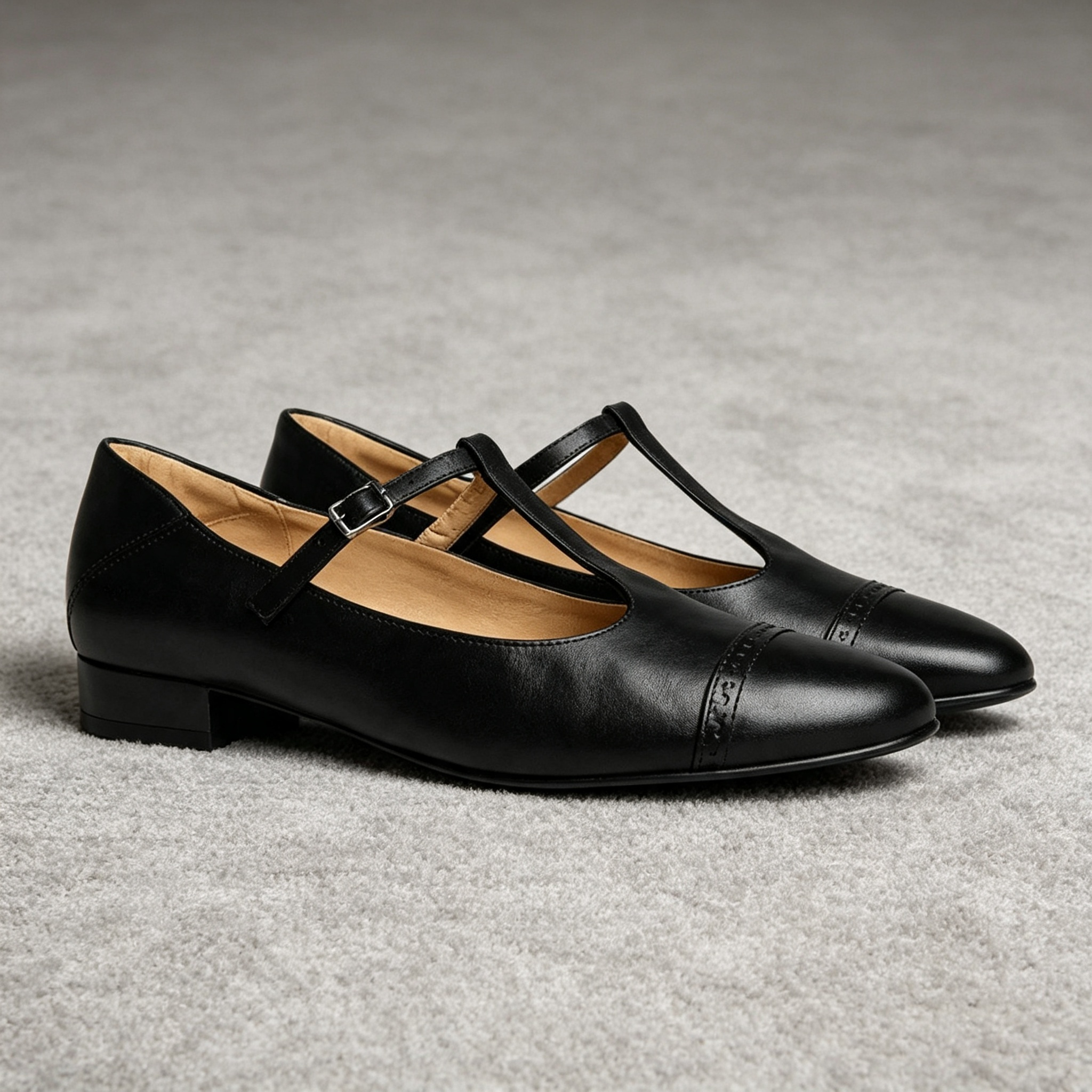 Women's Leather Mary Jane Shoes Low Block Heel Flats