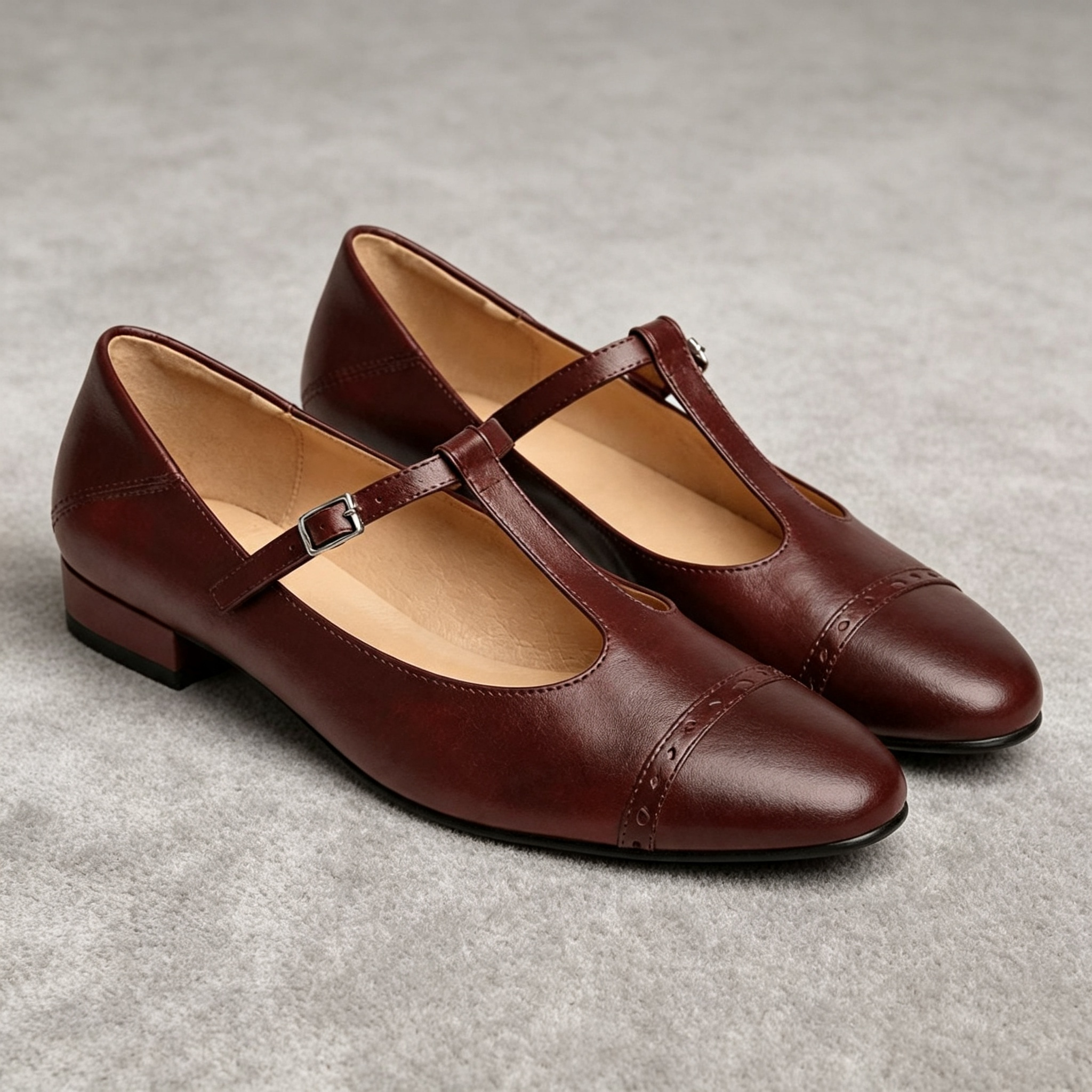 Women's Leather Mary Jane Shoes Low Block Heel Flats
