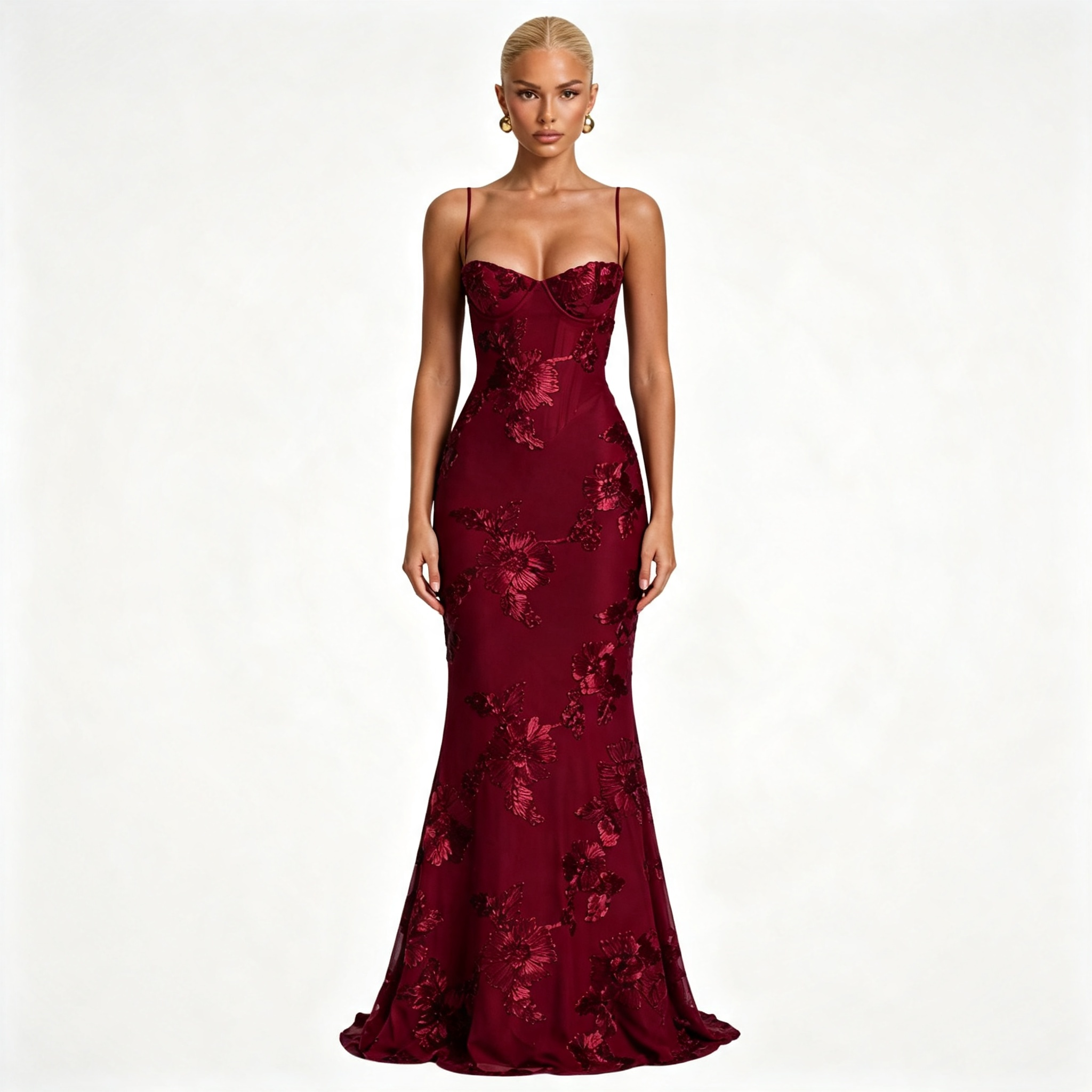 Womens Floral Embroidered Corset Cami Strap Wedding Guest Maxi Dress