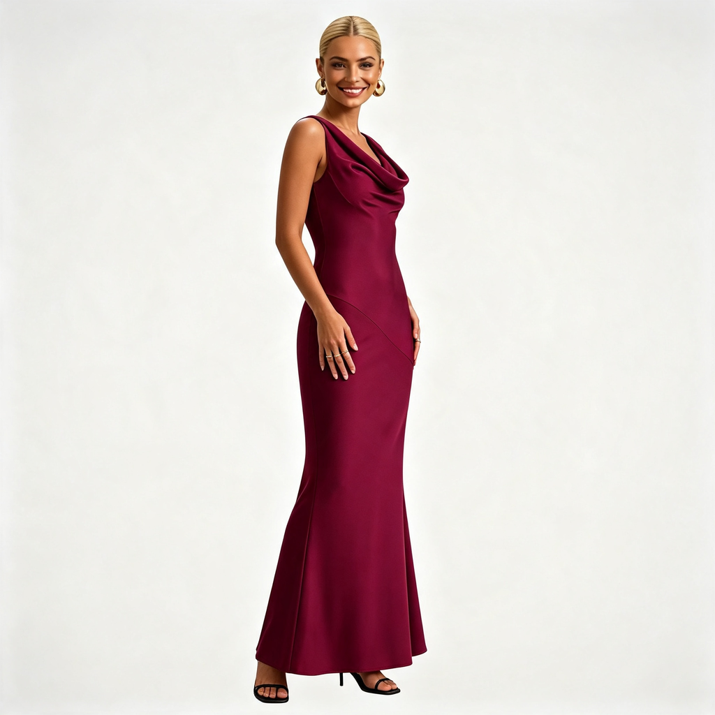 Womens Satin Cowl Neck Fitted Wedding Guest Maxi Dress