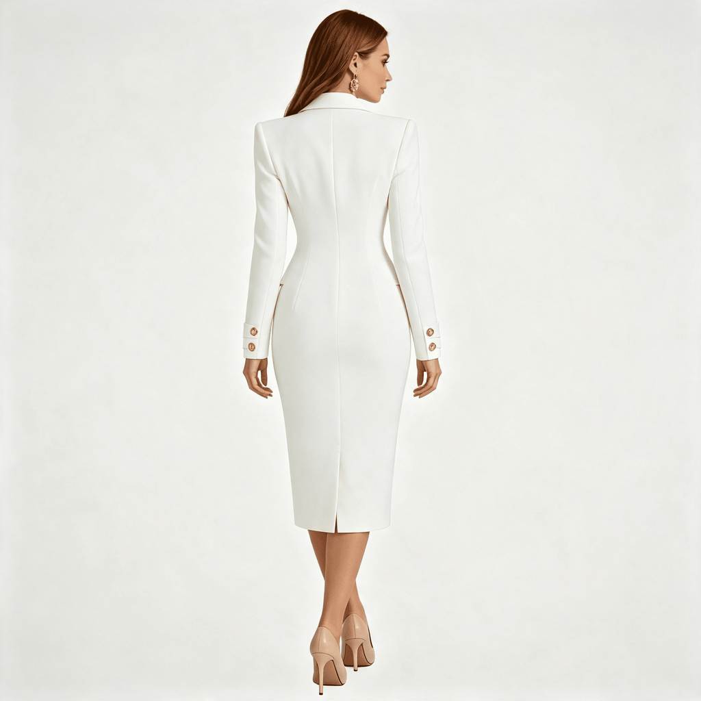 Women Double Breasted Blazer Midi Dress with Gold Buttons