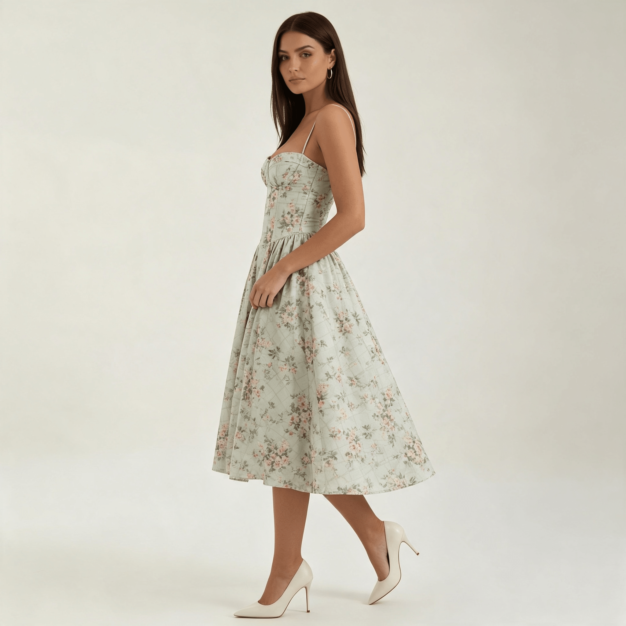 Womens Floral Corset Midi Dress Sweetheart Neck Summer Dress