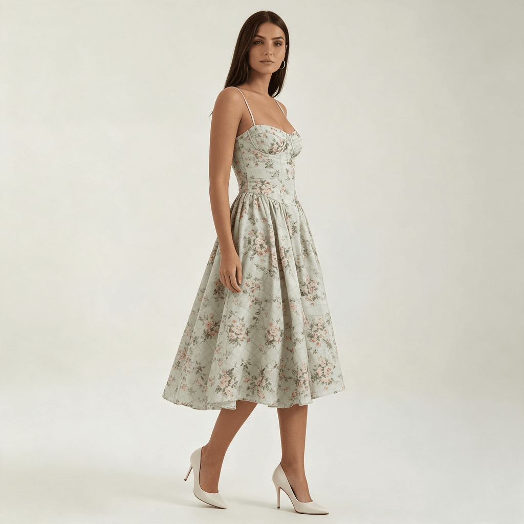 Womens Floral Corset Midi Dress Sweetheart Neck Summer Dress