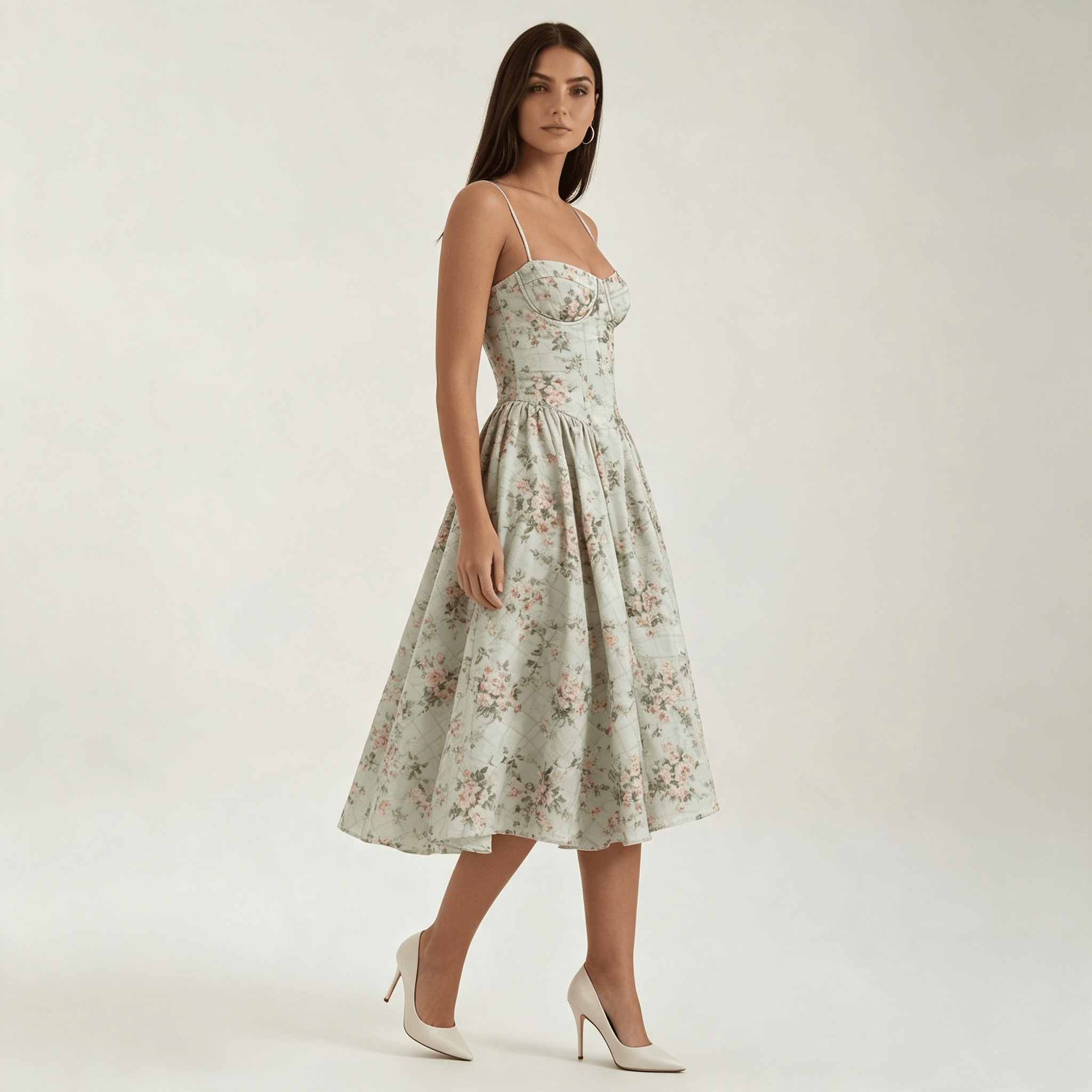 Womens Floral Corset Midi Dress Sweetheart Neck Summer Dress