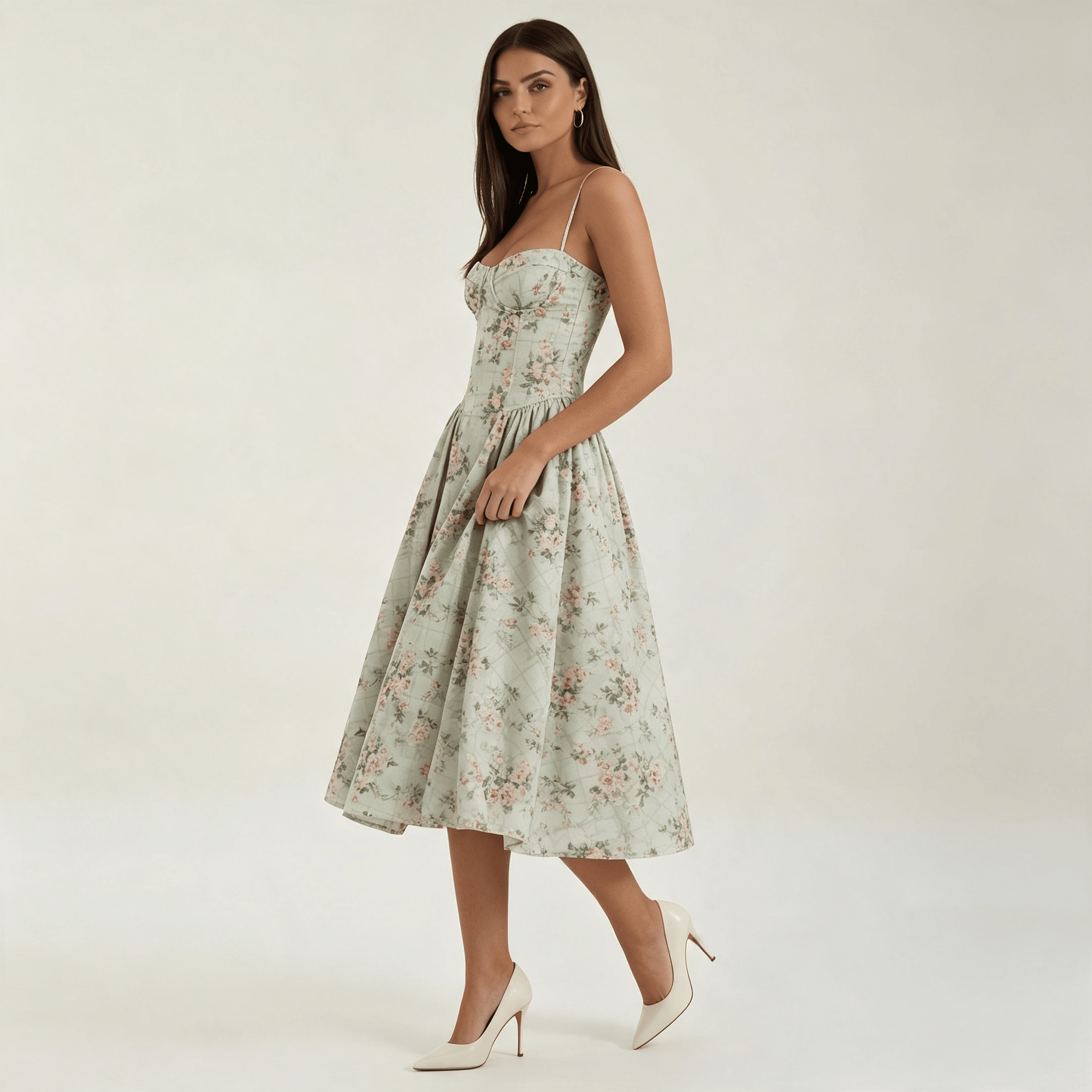 Womens Floral Corset Midi Dress Sweetheart Neck Summer Dress