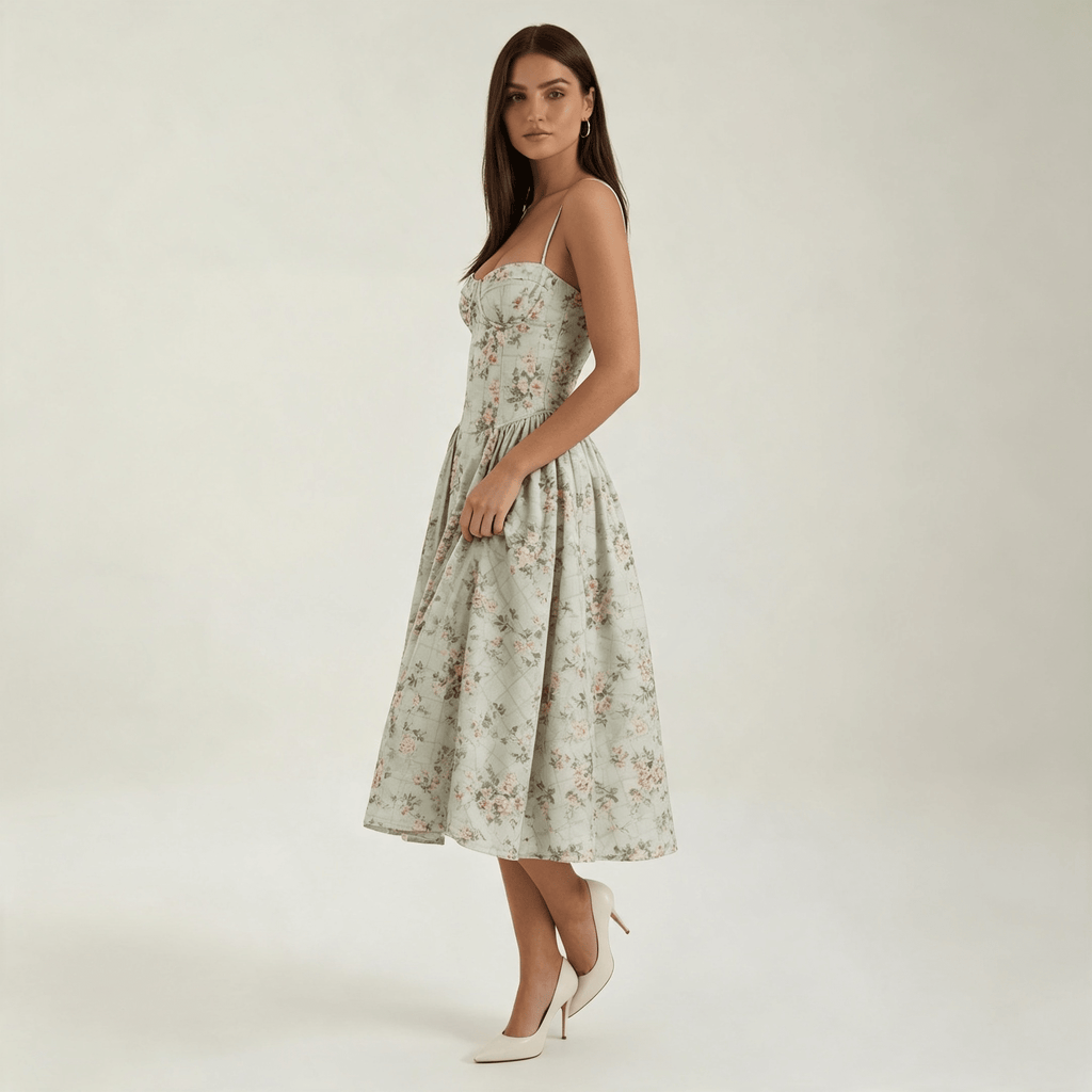 Womens Floral Corset Midi Dress Sweetheart Neck Summer Dress