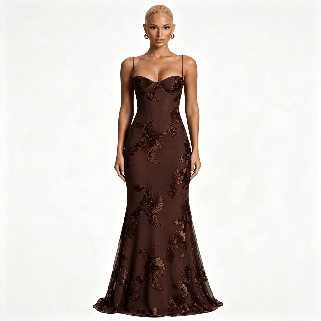Womens Floral Embroidered Corset Cami Strap Wedding Guest Maxi Dress