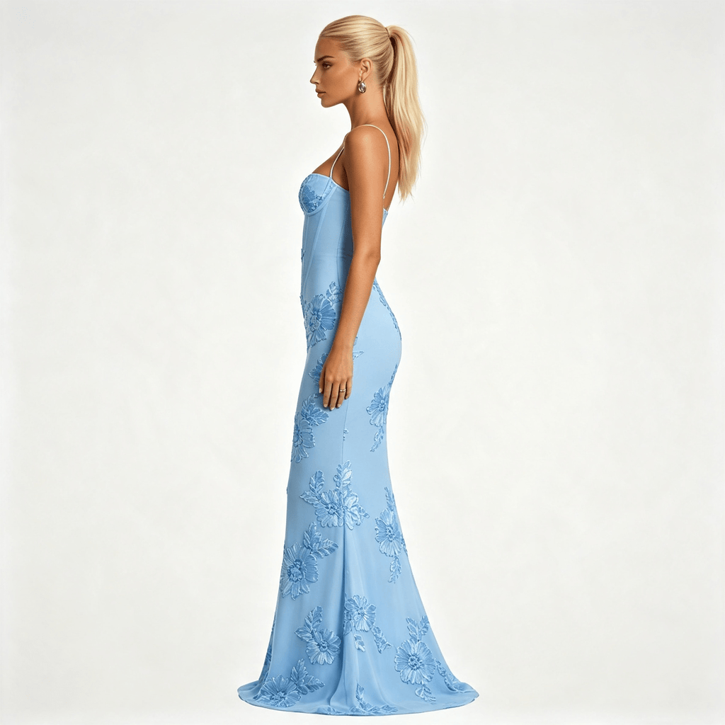 Womens Floral Embroidered Corset Cami Strap Wedding Guest Maxi Dress
