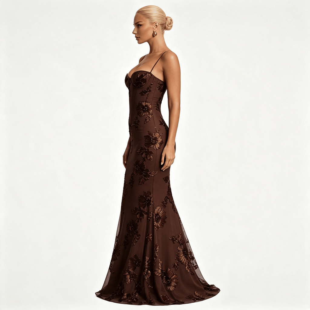 Womens Floral Embroidered Corset Cami Strap Wedding Guest Maxi Dress