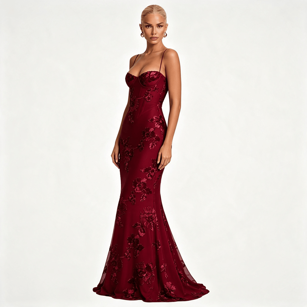 Womens Floral Embroidered Corset Cami Strap Wedding Guest Maxi Dress