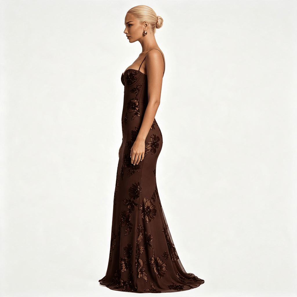 Womens Floral Embroidered Corset Cami Strap Wedding Guest Maxi Dress