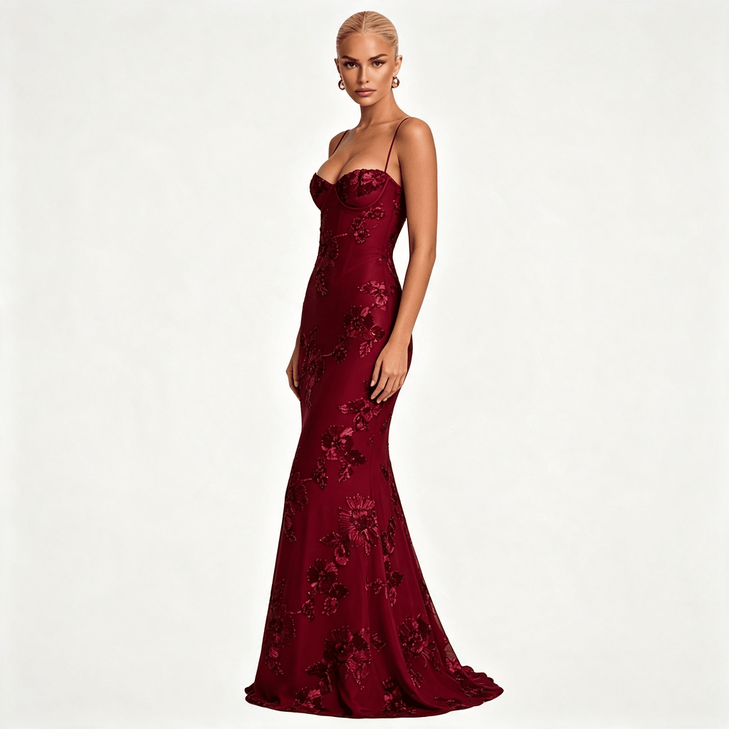 Womens Floral Embroidered Corset Cami Strap Wedding Guest Maxi Dress