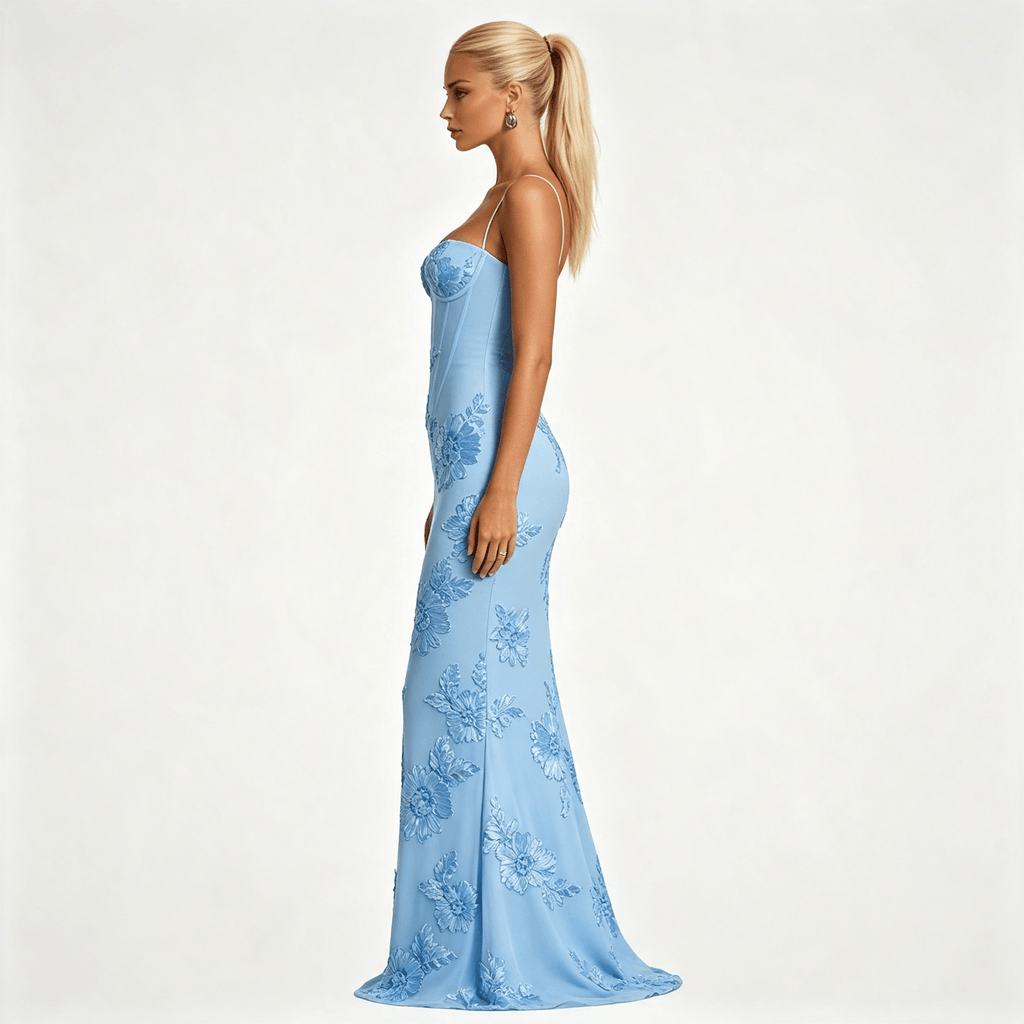 Womens Floral Embroidered Corset Cami Strap Wedding Guest Maxi Dress