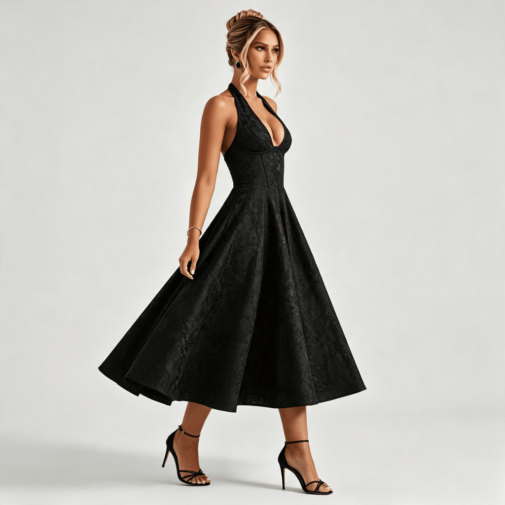 Womens Halter Midi Floral Dress Wedding Guest Occasion Dress
