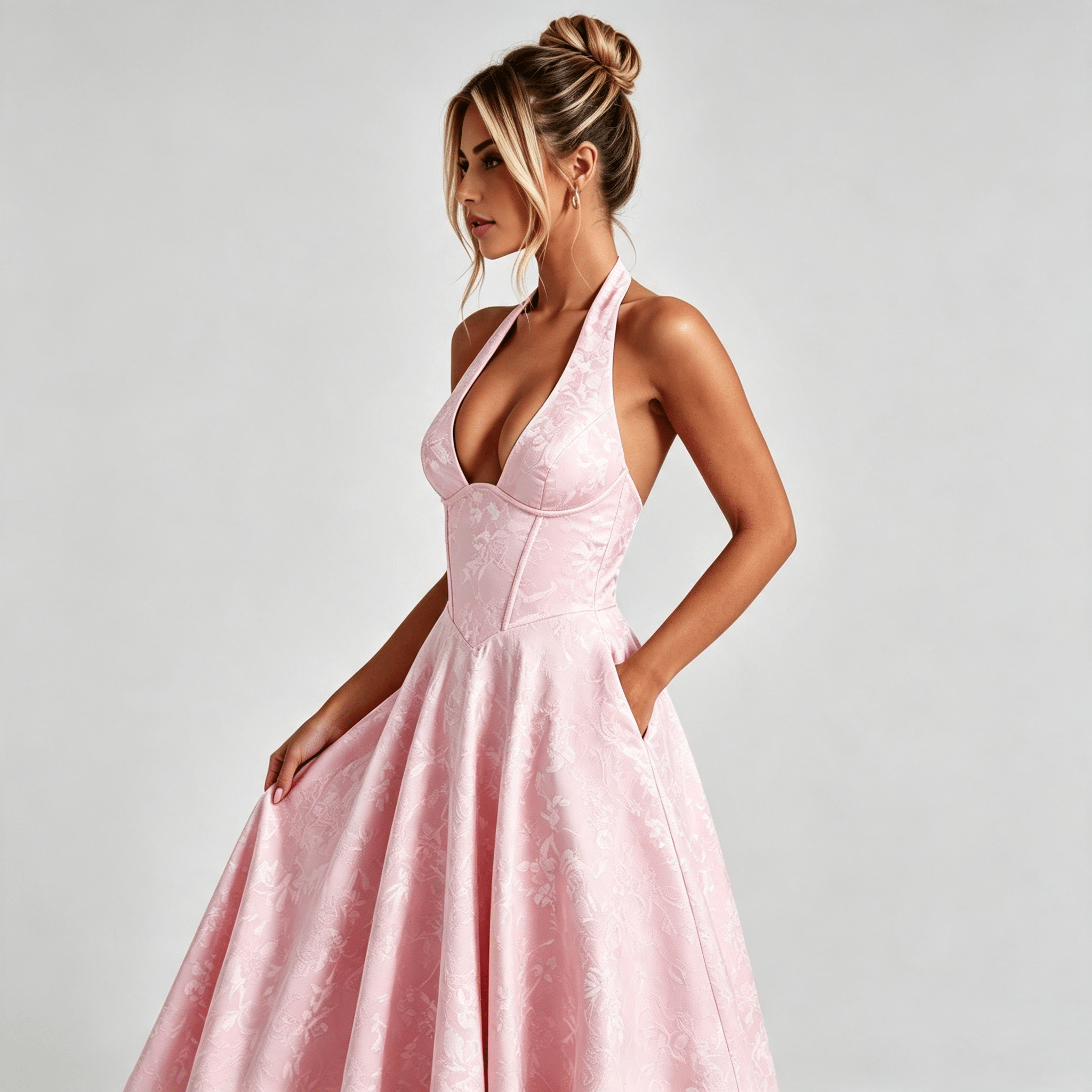 Womens Halter Midi Floral Dress Wedding Guest Occasion Dress