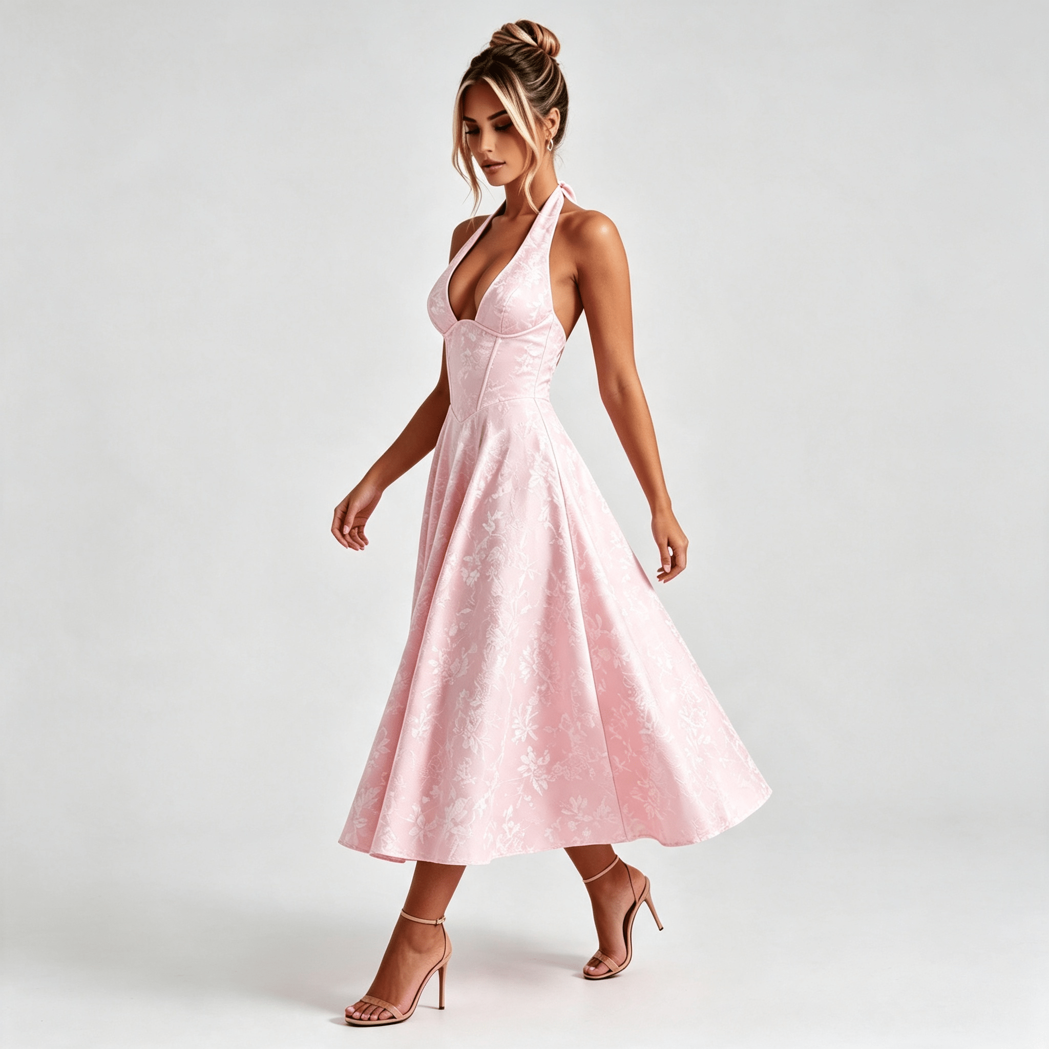 Womens Halter Midi Floral Dress Wedding Guest Occasion Dress