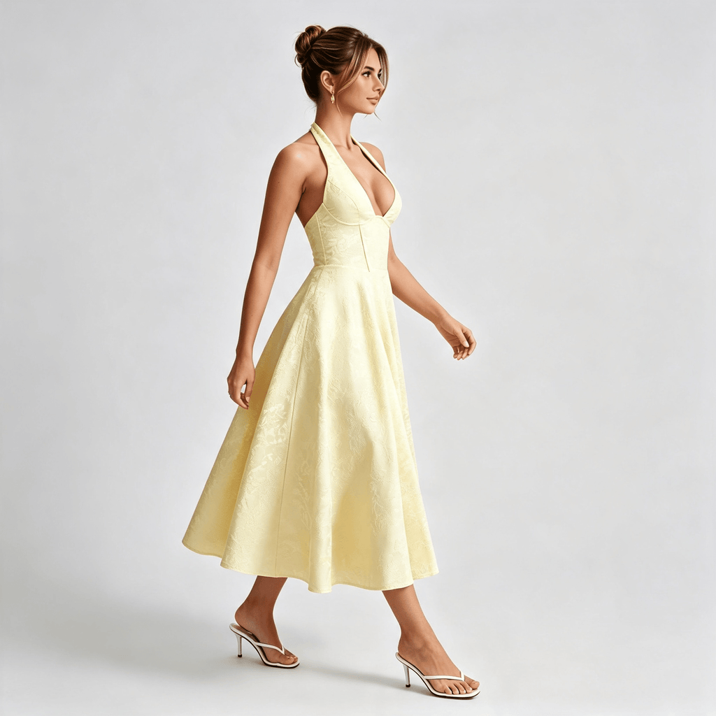 Womens Halter Midi Floral Dress Wedding Guest Occasion Dress