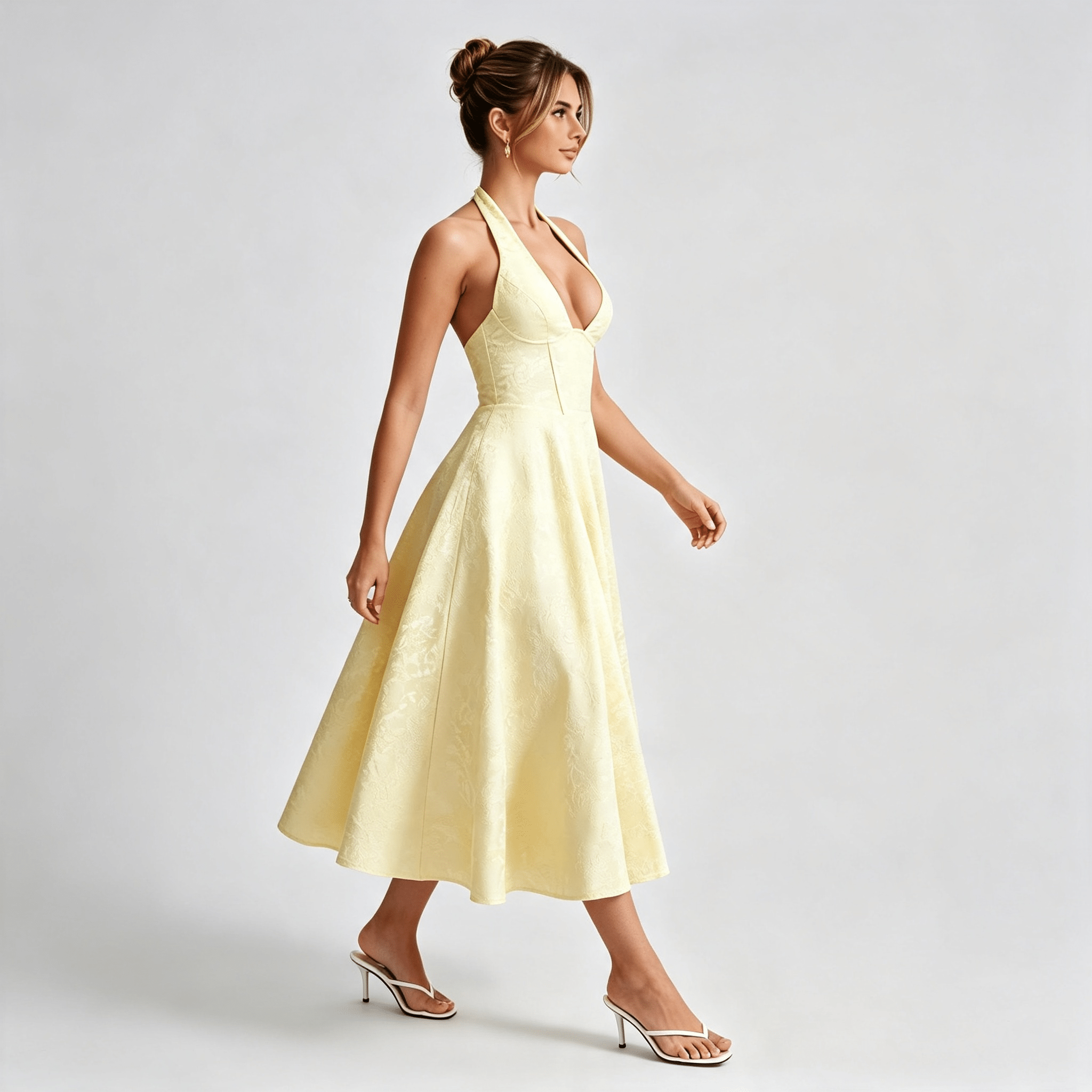 Womens Halter Midi Floral Dress Wedding Guest Occasion Dress