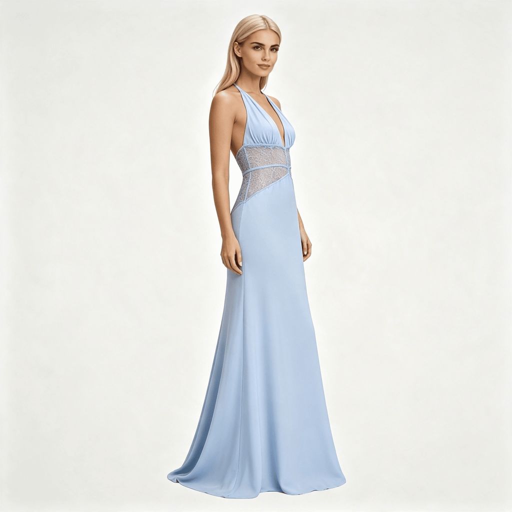 Womens Halter Neck Backless Maxi Wedding Guest Dress