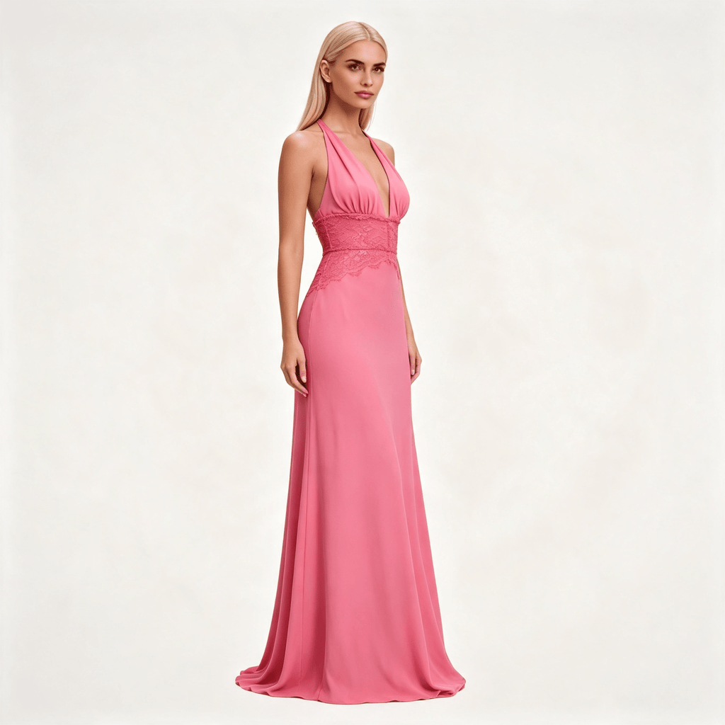 Womens Halter Neck Backless Maxi Wedding Guest Dress