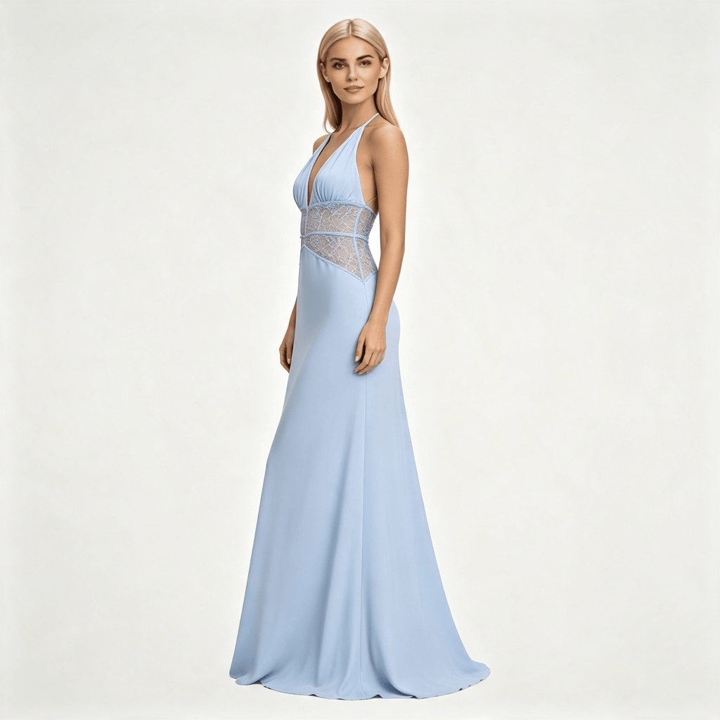 Womens Halter Neck Backless Maxi Wedding Guest Dress