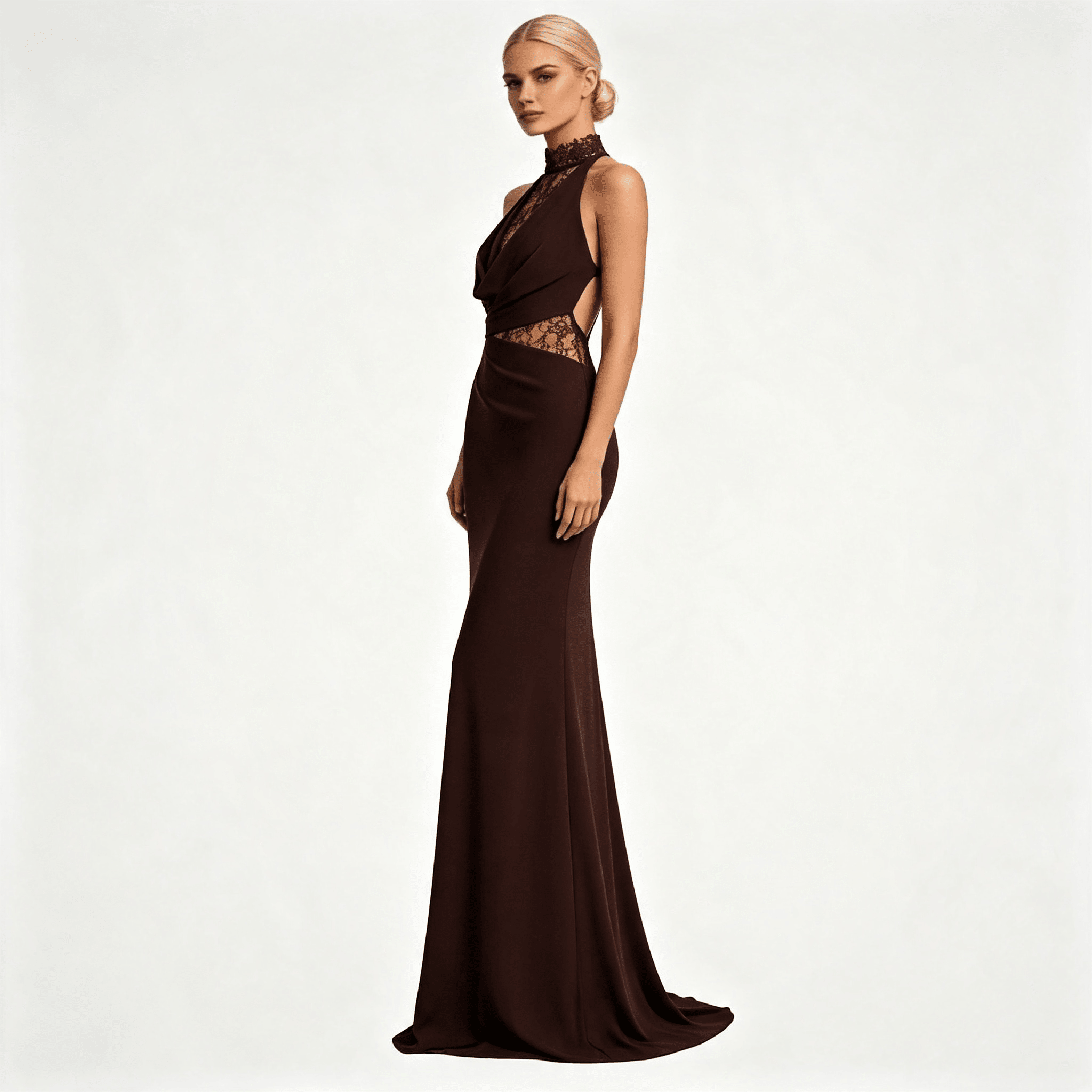 Womens Halter Neck Lace Panel Sleeveless Wedding Guest Maxi Dress