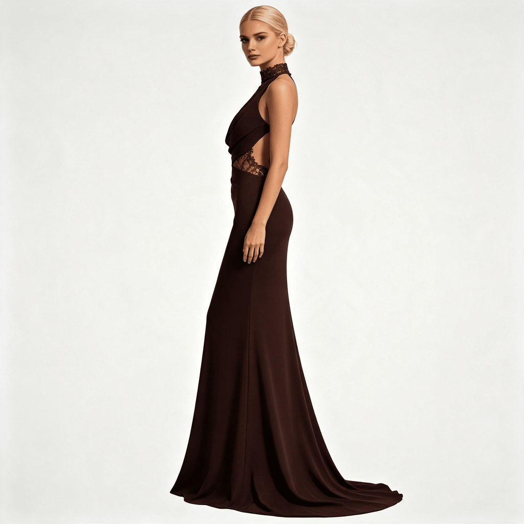 Womens Halter Neck Lace Panel Sleeveless Wedding Guest Maxi Dress