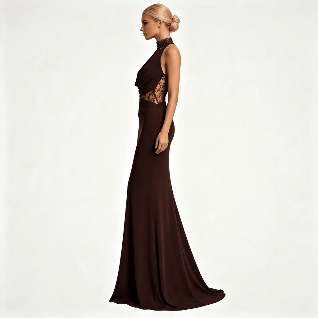 Womens Halter Neck Lace Panel Sleeveless Wedding Guest Maxi Dress