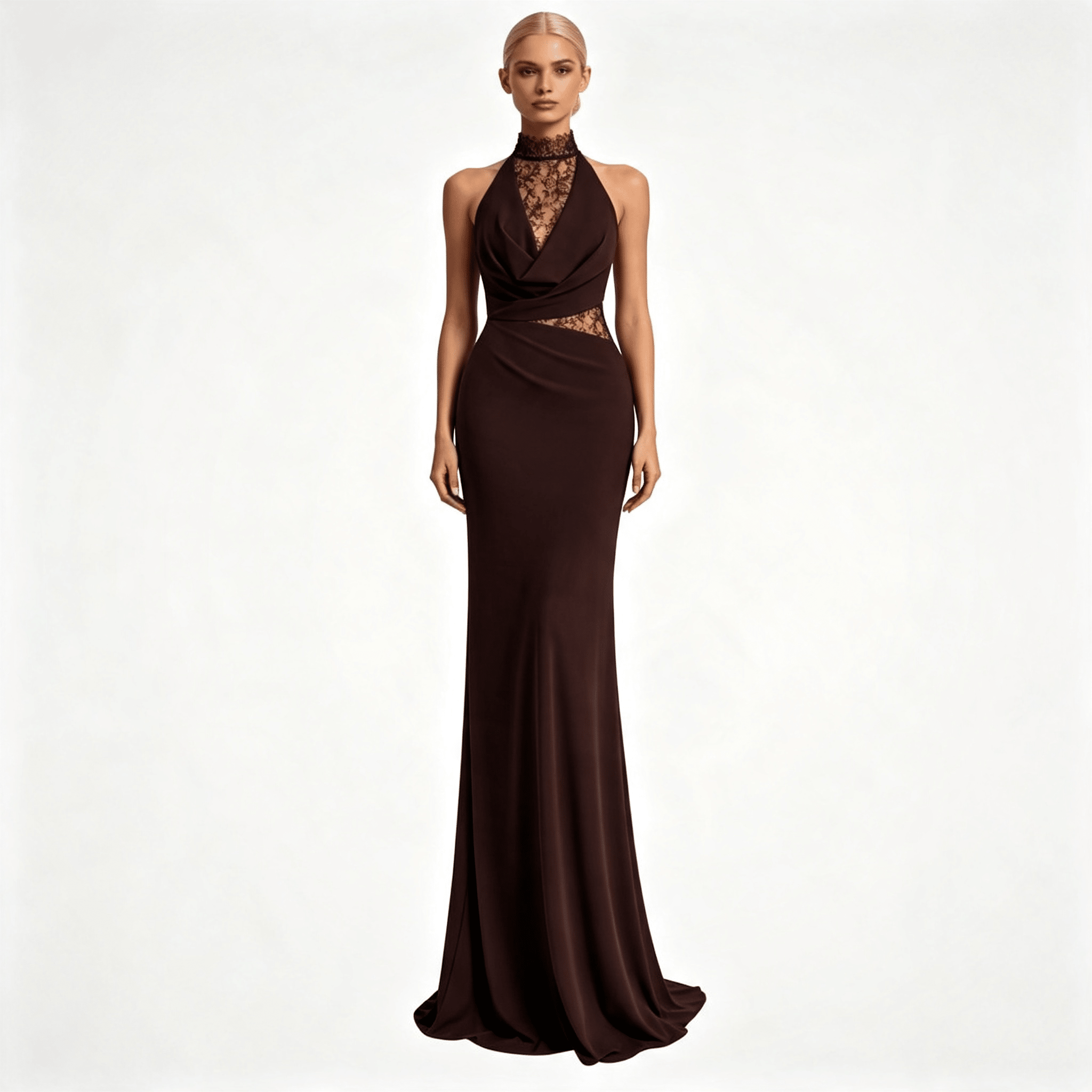 Womens Halter Neck Lace Panel Sleeveless Wedding Guest Maxi Dress
