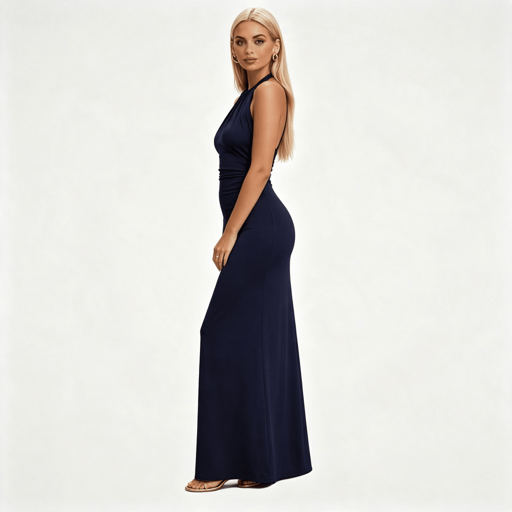 Womens Halter Neck Twisted Knot Open Back Bodycon Wedding Guest Maxi Dress