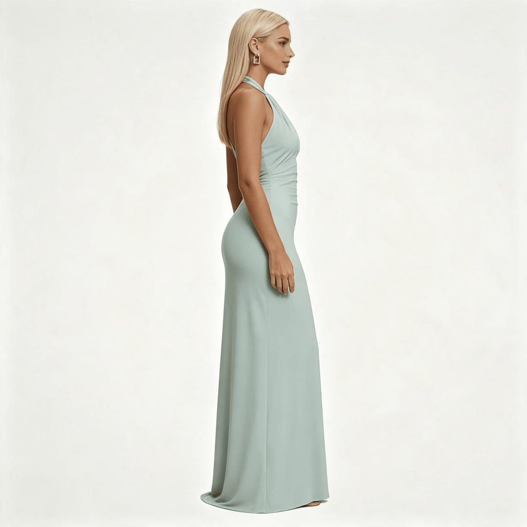 Womens Halter Neck Twisted Knot Open Back Bodycon Wedding Guest Maxi Dress