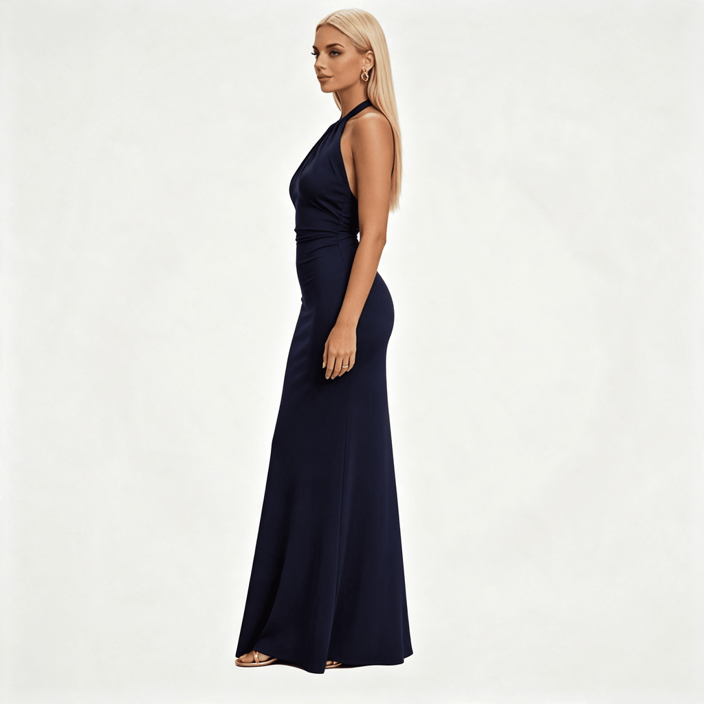 Womens Halter Neck Twisted Knot Open Back Bodycon Wedding Guest Maxi Dress