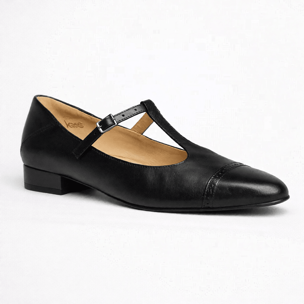 Women’s Leather Mary Jane Shoes – Cap Toe Low Block Heel Flats for Work & Casual Wear