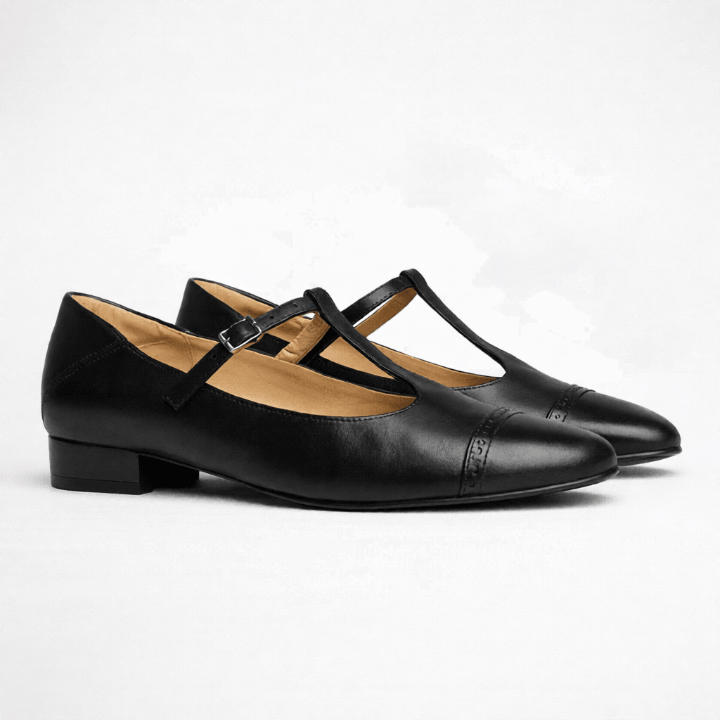 Women’s Leather Mary Jane Shoes – Cap Toe Low Block Heel Flats for Work & Casual Wear