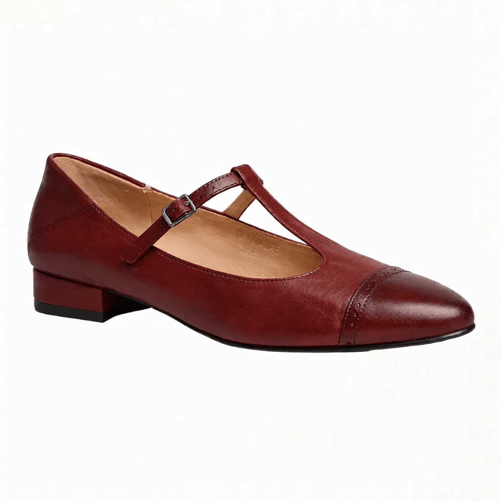 Women’s Leather Mary Jane Shoes – Cap Toe Low Block Heel Flats for Work & Casual Wear