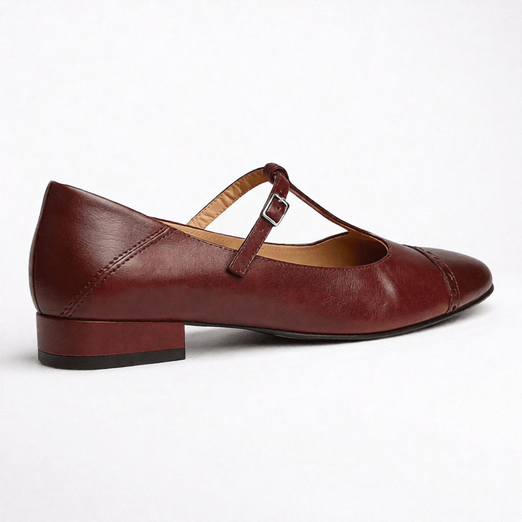 Women’s Leather Mary Jane Shoes – Cap Toe Low Block Heel Flats for Work & Casual Wear