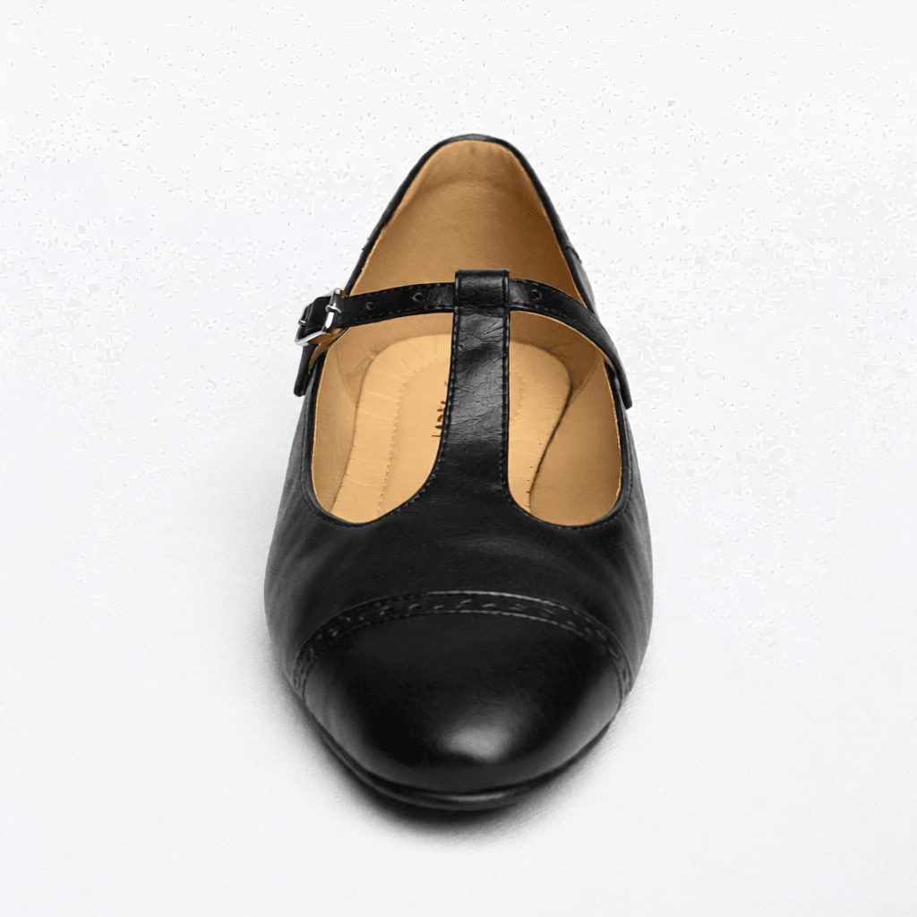 Women’s Leather Mary Jane Shoes – Cap Toe Low Block Heel Flats for Work & Casual Wear