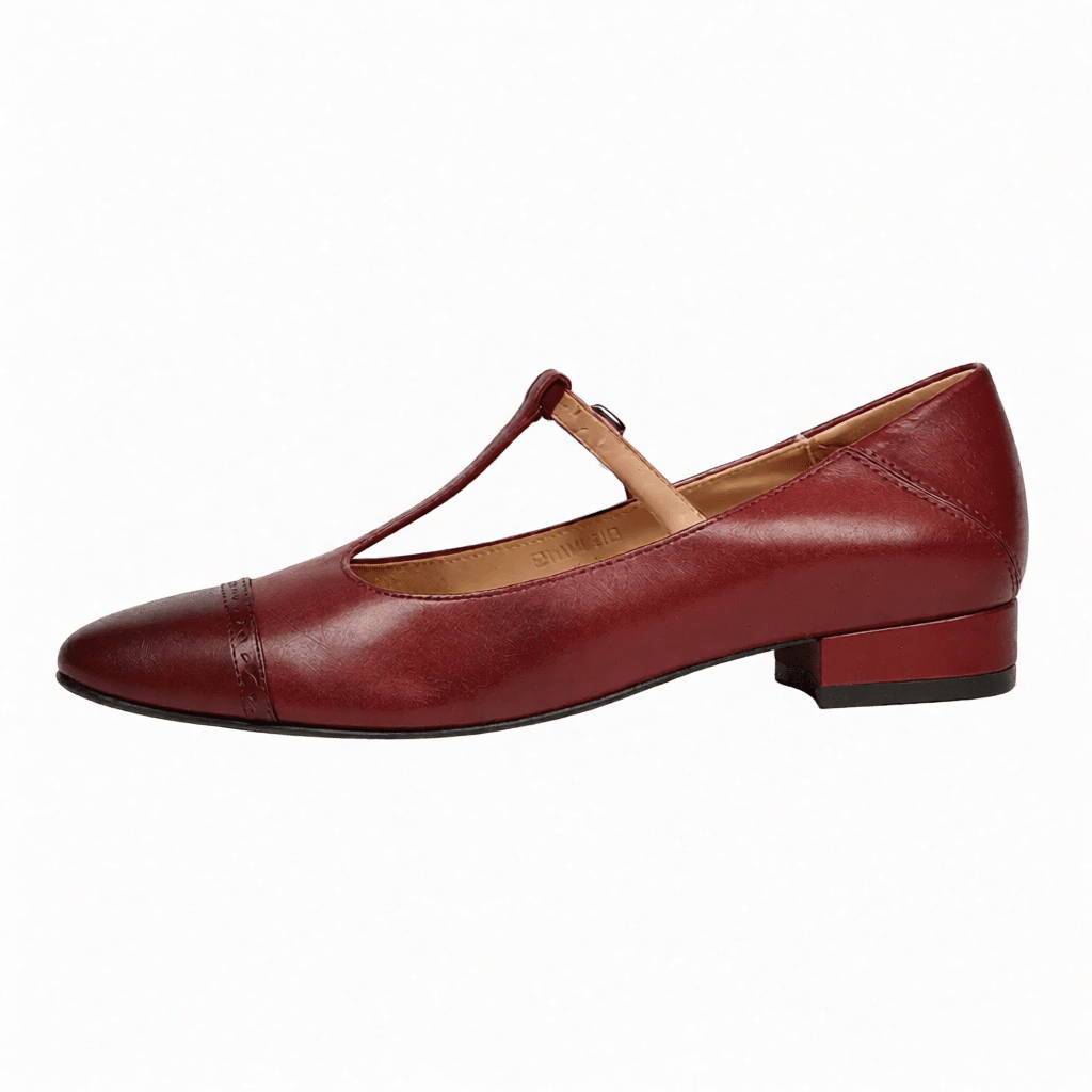 Women’s Leather Mary Jane Shoes – Cap Toe Low Block Heel Flats for Work & Casual Wear