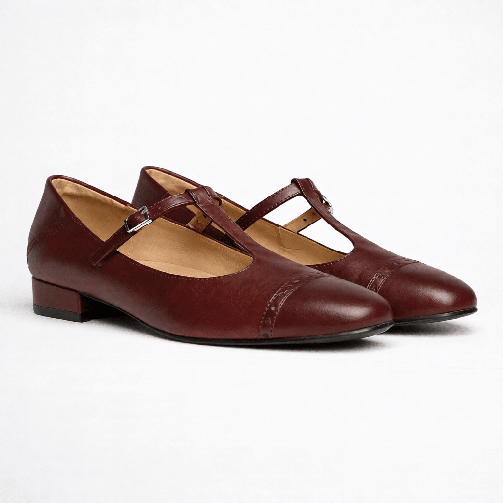 Women’s Leather Mary Jane Shoes – Cap Toe Low Block Heel Flats for Work & Casual Wear