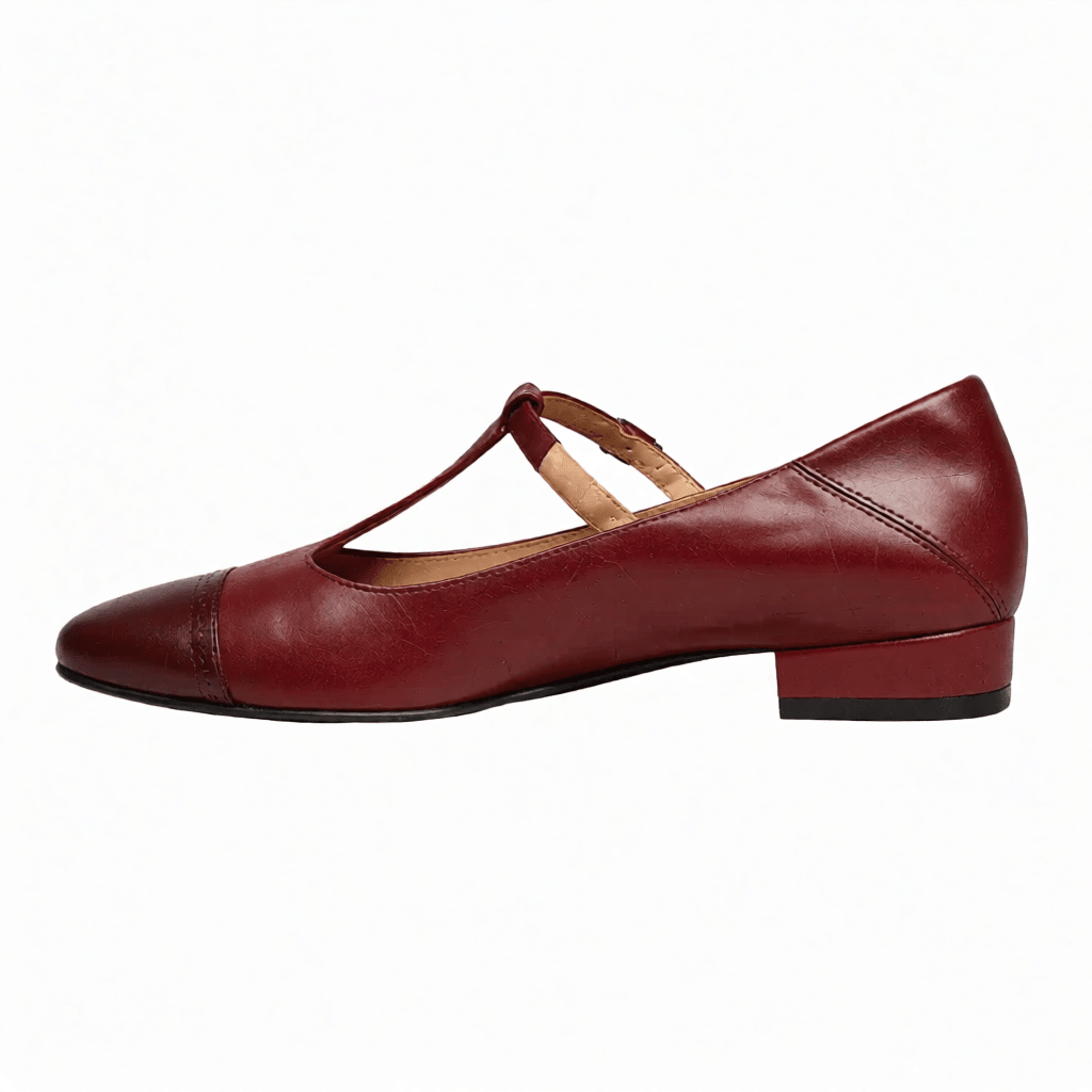 Women’s Leather Mary Jane Shoes – Cap Toe Low Block Heel Flats for Work & Casual Wear