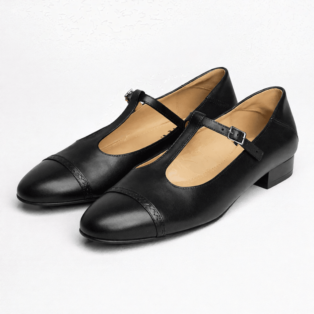 Women’s Leather Mary Jane Shoes – Cap Toe Low Block Heel Flats for Work & Casual Wear