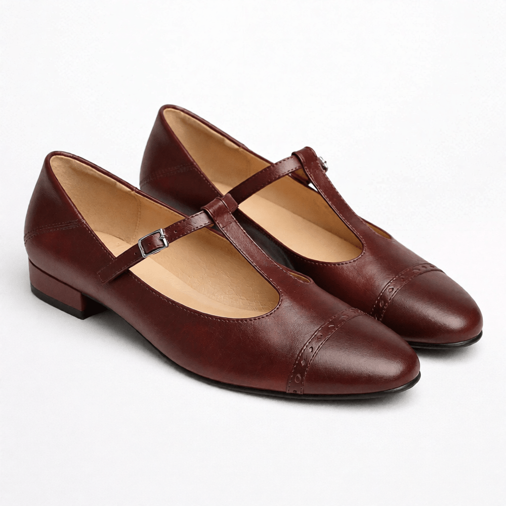 Women’s Leather Mary Jane Shoes – Cap Toe Low Block Heel Flats for Work & Casual Wear